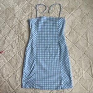 Emily June | Blue & White Check Halter Strap Plaid Bodycon Dress | Size Medium